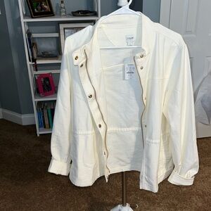 NWT. J.Crew Cream linen jacket with zipper and gold buttons. Size L